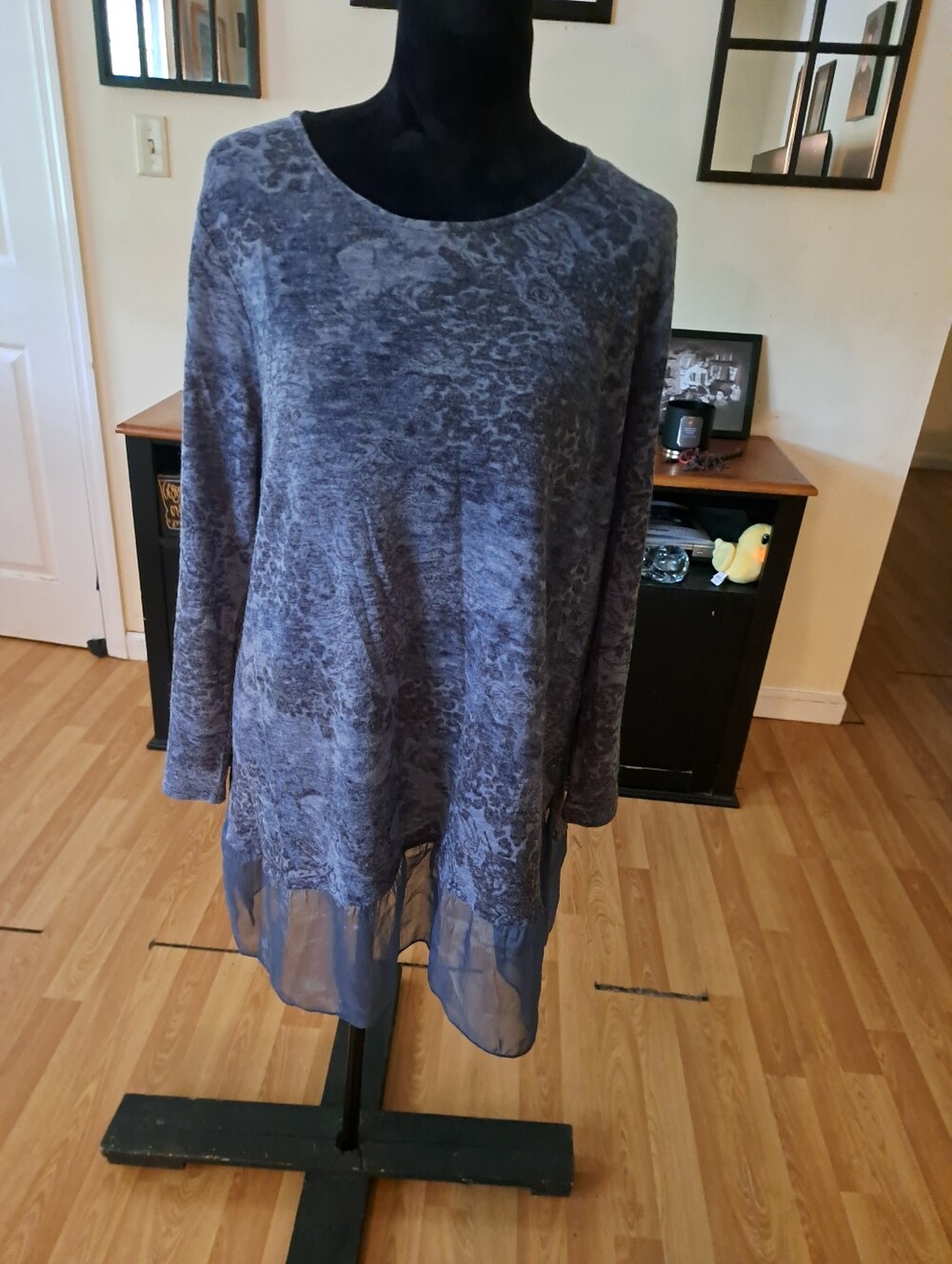 Casual Express Gray Mesh Hem Tunic Sweater XL Layered Knit Round Neck Shirt Top